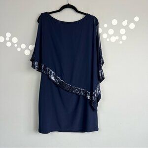 Xscape Navy Sequin Capelet Dress Size 12 Chiffon Asymmetrical Formal Cocktail